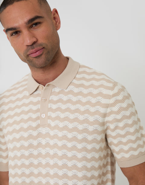 Threadbare Textured Knitted Polo in Stone Wavy Stripe - front view close up