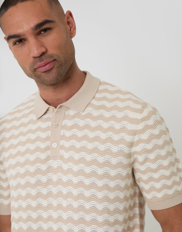 Threadbare Textured Knitted Polo in Stone Wavy Stripe - front view close up