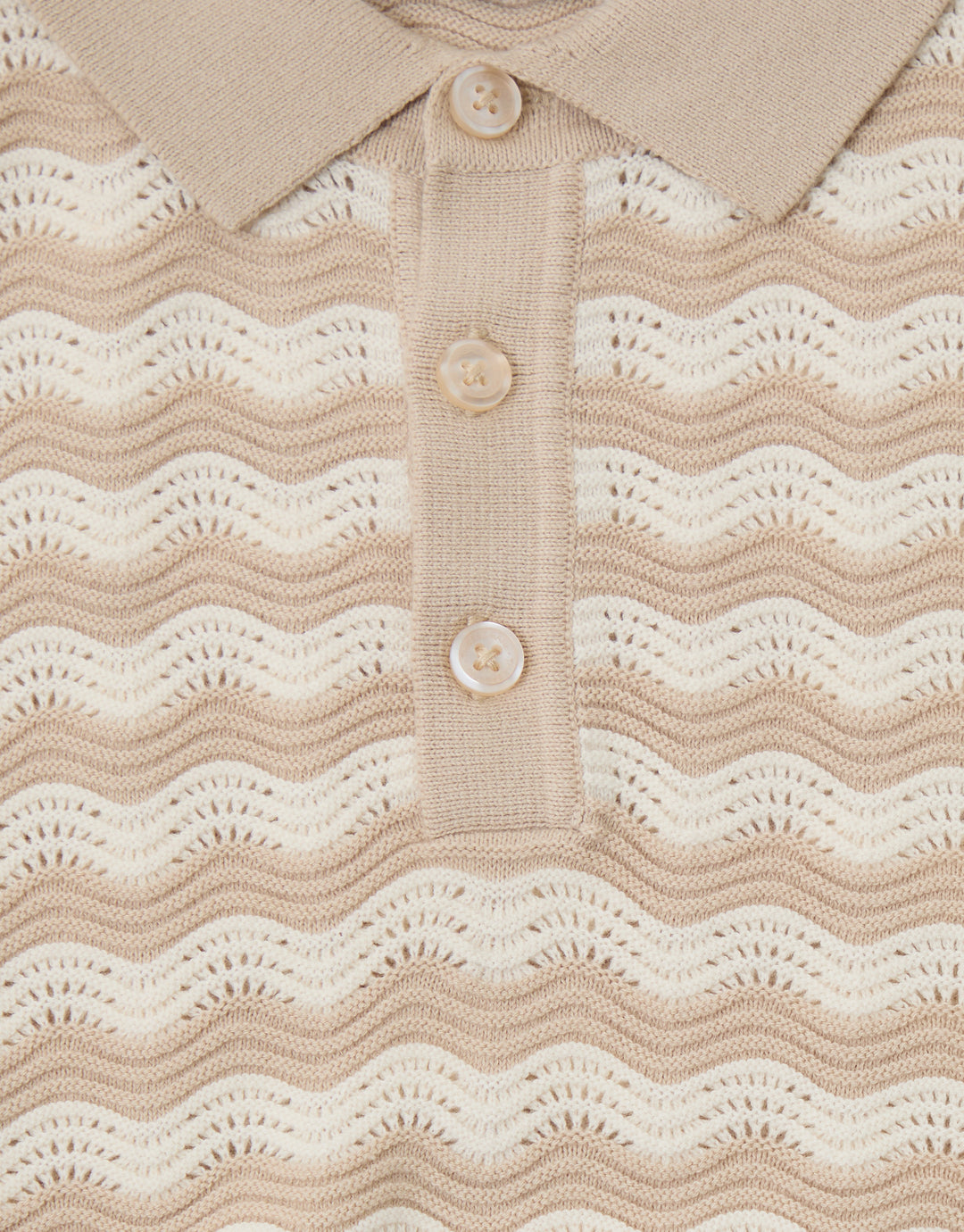 Threadbare Textured Knitted Polo in Stone Wavy Stripe - fabric & buttons close up