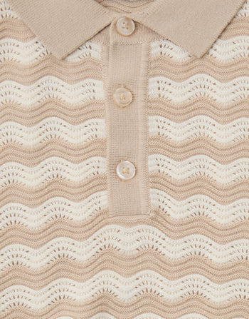 Threadbare Textured Knitted Polo in Stone Wavy Stripe - fabric & buttons close up