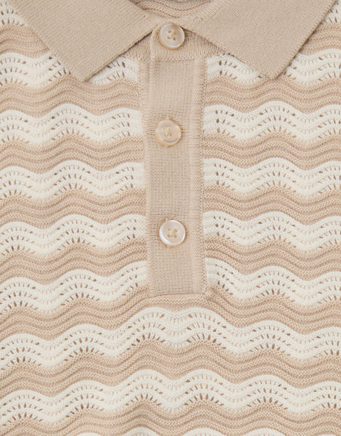 Threadbare Textured Knitted Polo in Stone Wavy Stripe - fabric & buttons close up