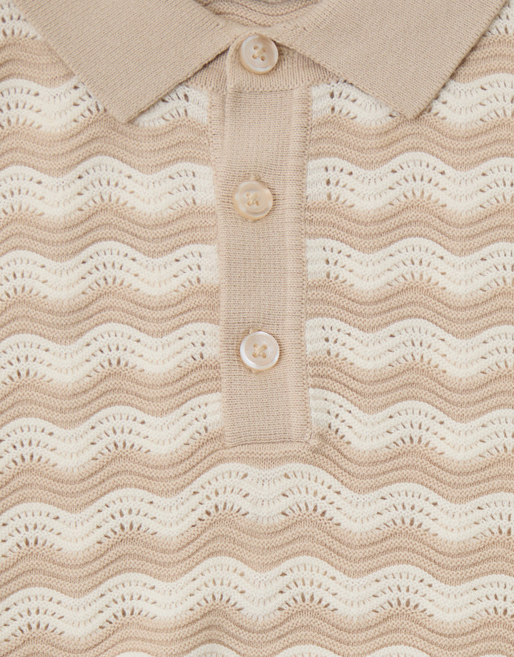 Threadbare Textured Knitted Polo in Stone Wavy Stripe - fabric & buttons close up