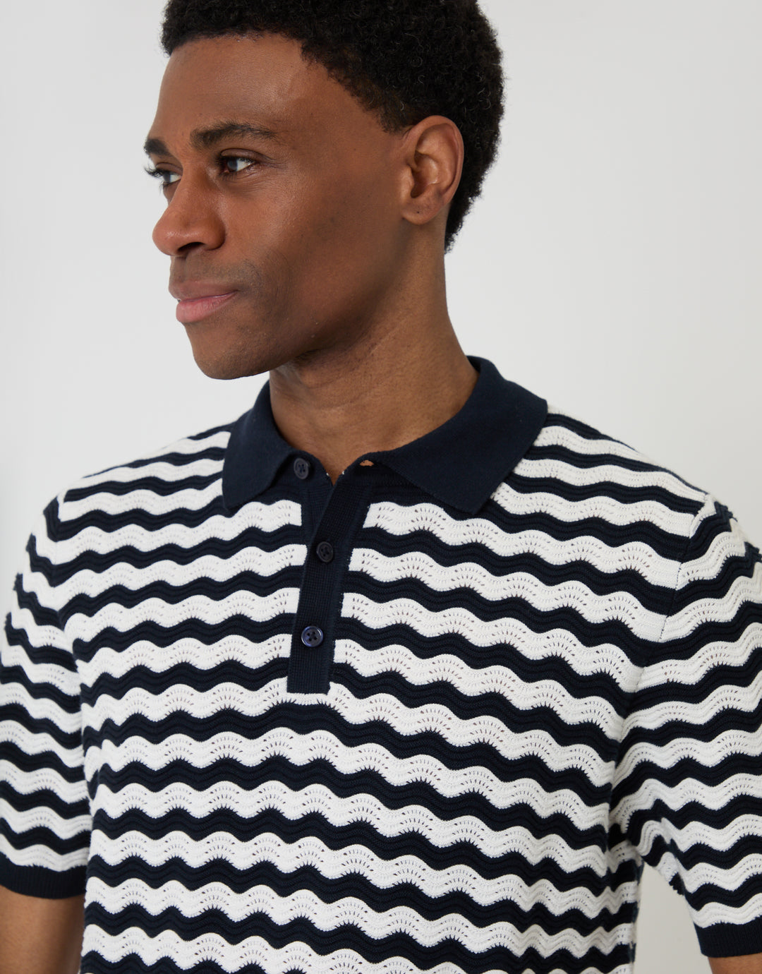 Threadbare Wavy Stripe Textured Knitted Polo in Navy - collar close up