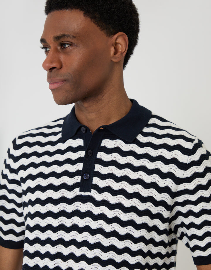 Threadbare Wavy Stripe Textured Knitted Polo in Navy - collar close up