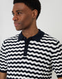 Threadbare Wavy Stripe Textured Knitted Polo in Navy - collar close up