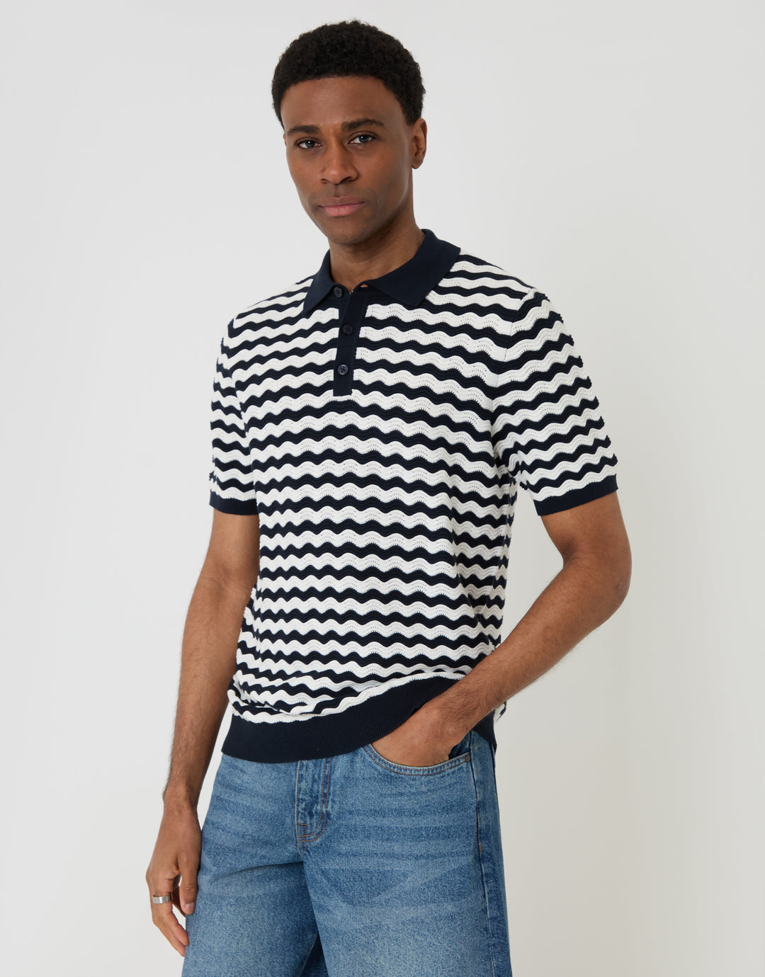 Threadbare Wavy Stripe Textured Knitted Polo in Navy - front view