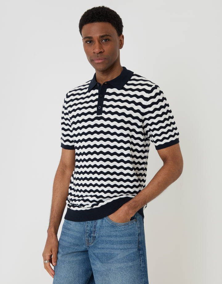 Threadbare Wavy Stripe Textured Knitted Polo in Navy - front view