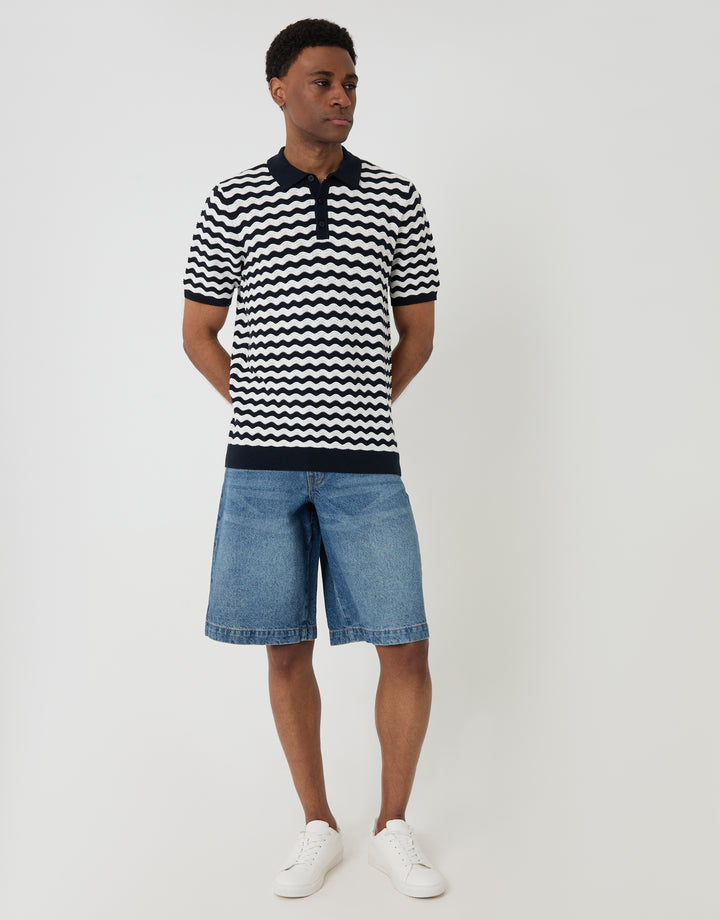 Threadbare Wavy Stripe Textured Knitted Polo in Navy - full body