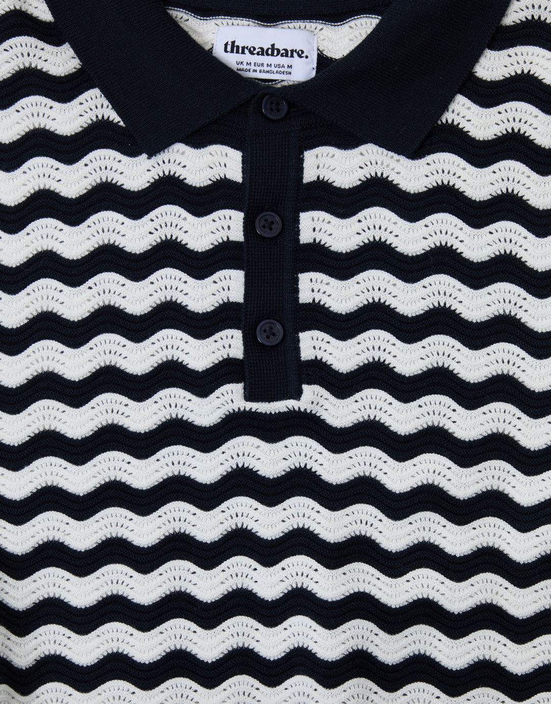 Threadbare Wavy Stripe Textured Knitted Polo in Navy - buttons close up