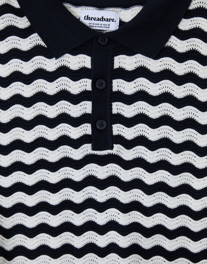 Threadbare Wavy Stripe Textured Knitted Polo in Navy - buttons close up