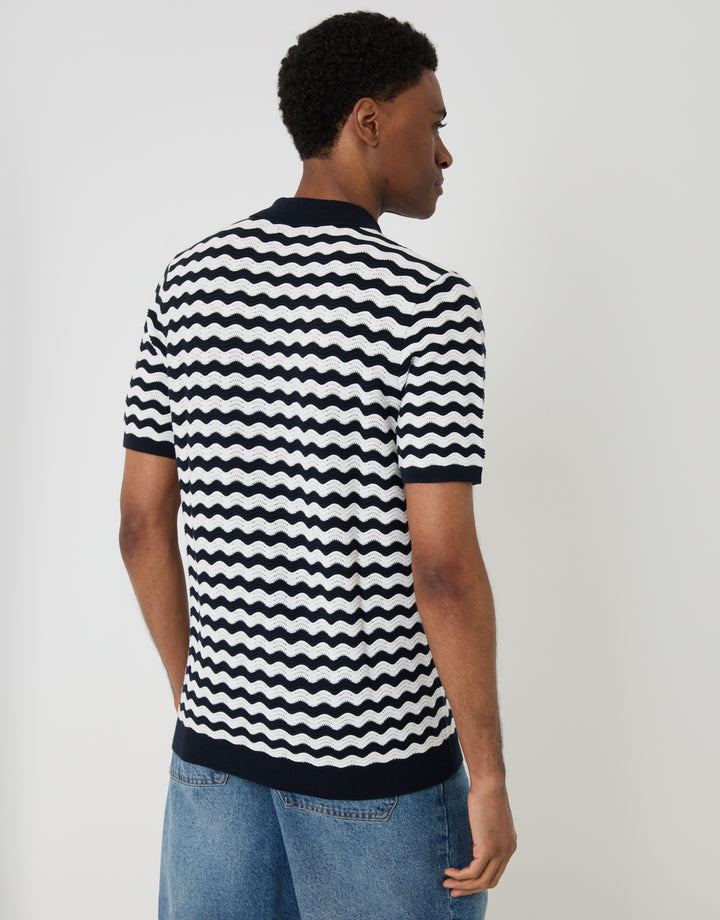 Threadbare Wavy Stripe Textured Knitted Polo in Navy - back view