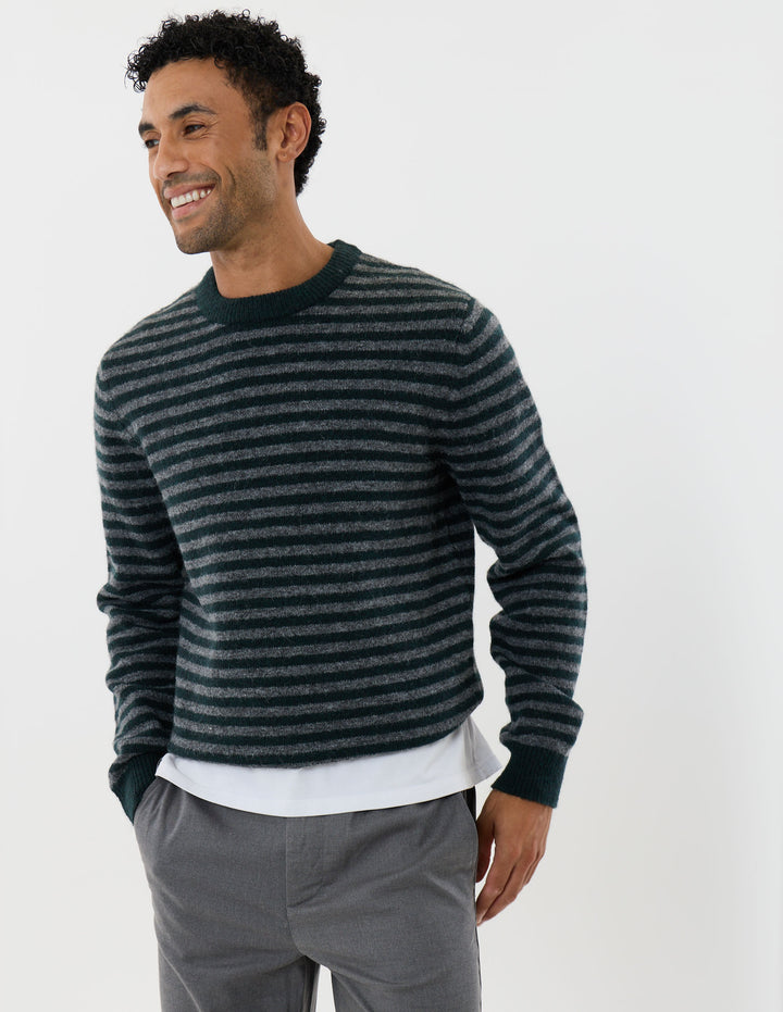 Knitted Crew Neck Jumper in Teal Green Stripe