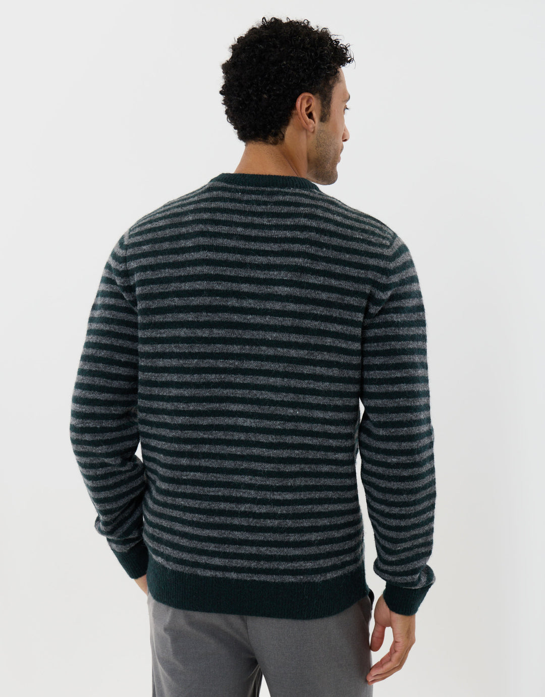 Knitted Crew Neck Jumper in Teal Green Stripe