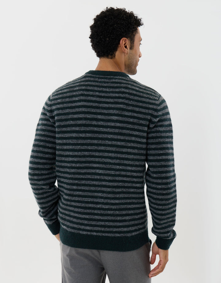 Knitted Crew Neck Jumper in Teal Green Stripe