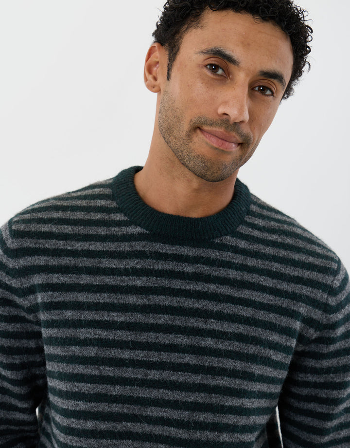 Knitted Crew Neck Jumper in Teal Green Stripe