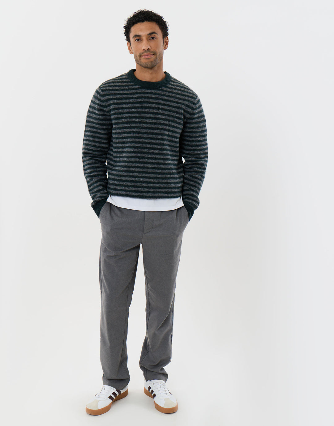 Knitted Crew Neck Jumper in Teal Green Stripe