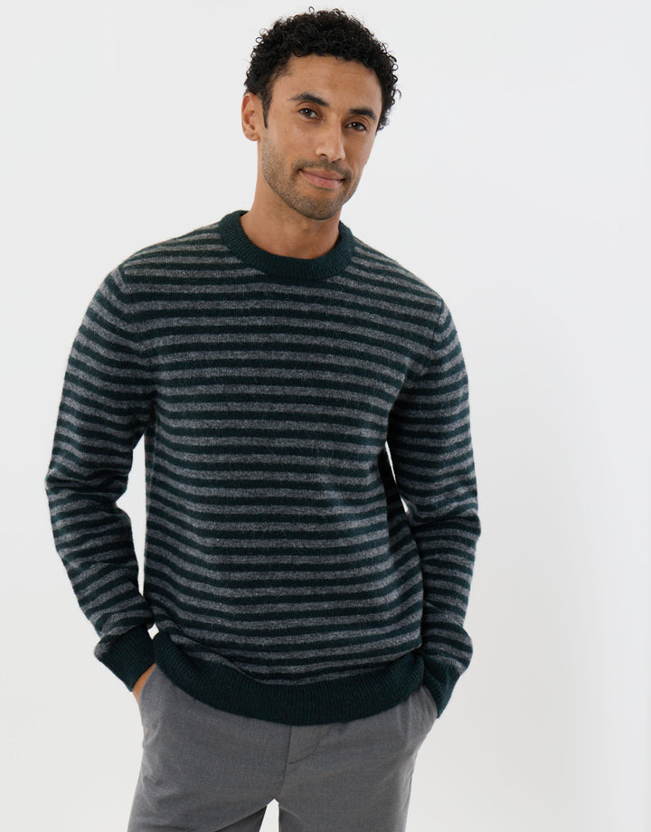 Knitted Crew Neck Jumper in Teal Green Stripe