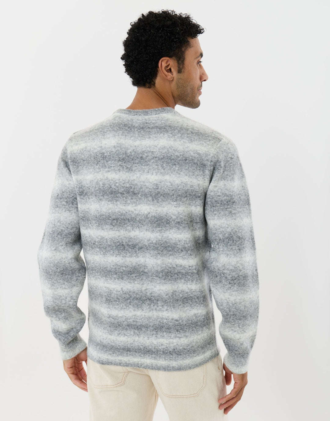 Soft Crew Neck Jumper in Grey & Ecru Stripe
