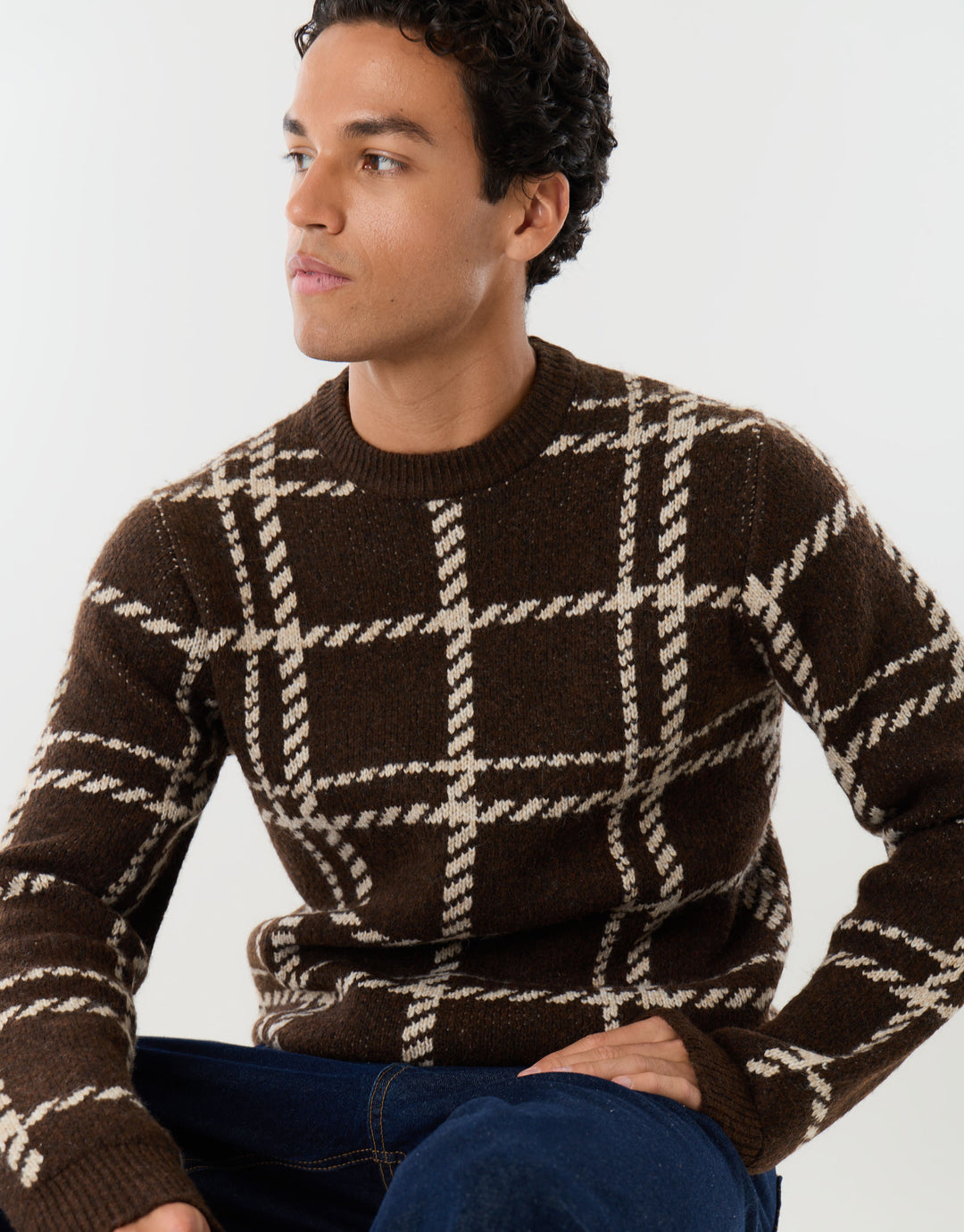 Knitted Crew Neck Jumper in Chocolate Brown Check