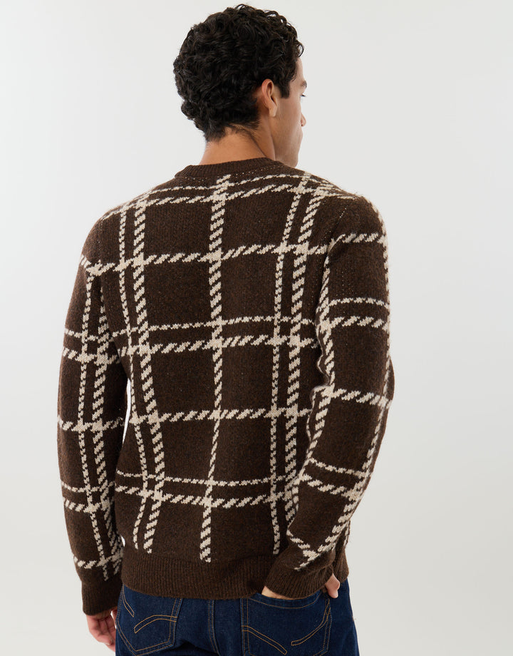 Knitted Crew Neck Jumper in Chocolate Brown Check