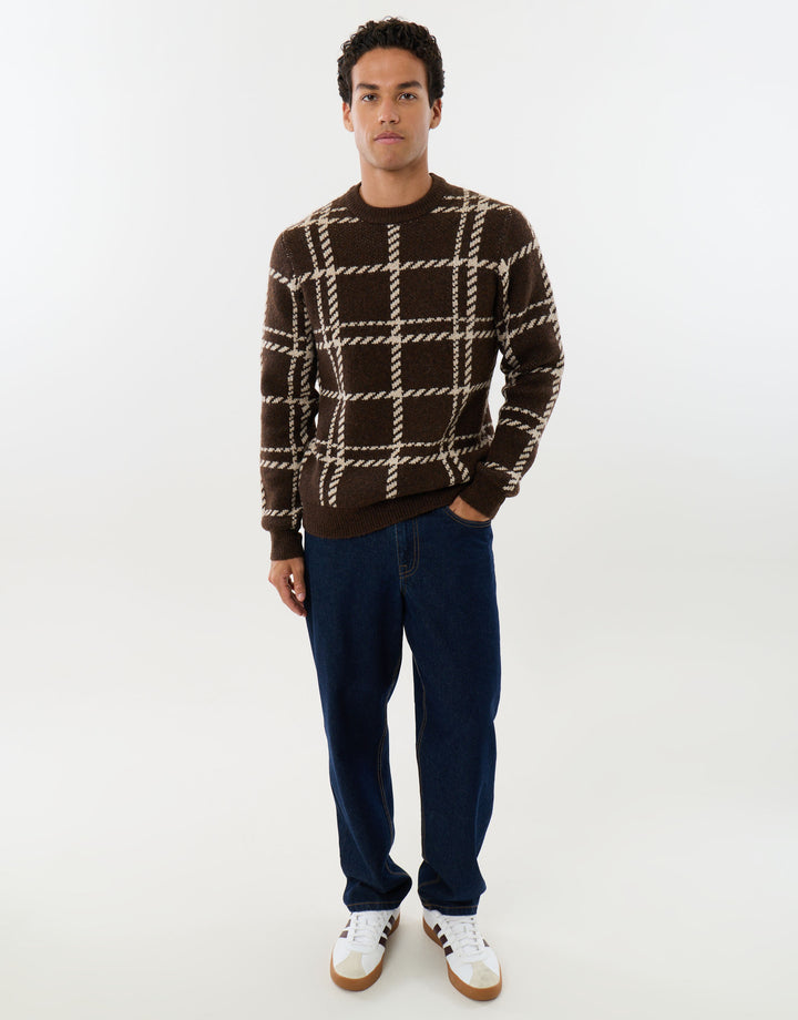 Knitted Crew Neck Jumper in Chocolate Brown Check