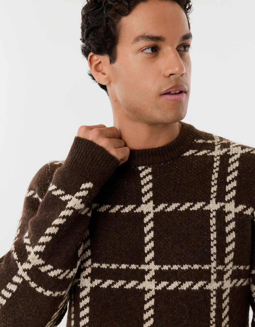 Knitted Crew Neck Jumper in Chocolate Brown Check