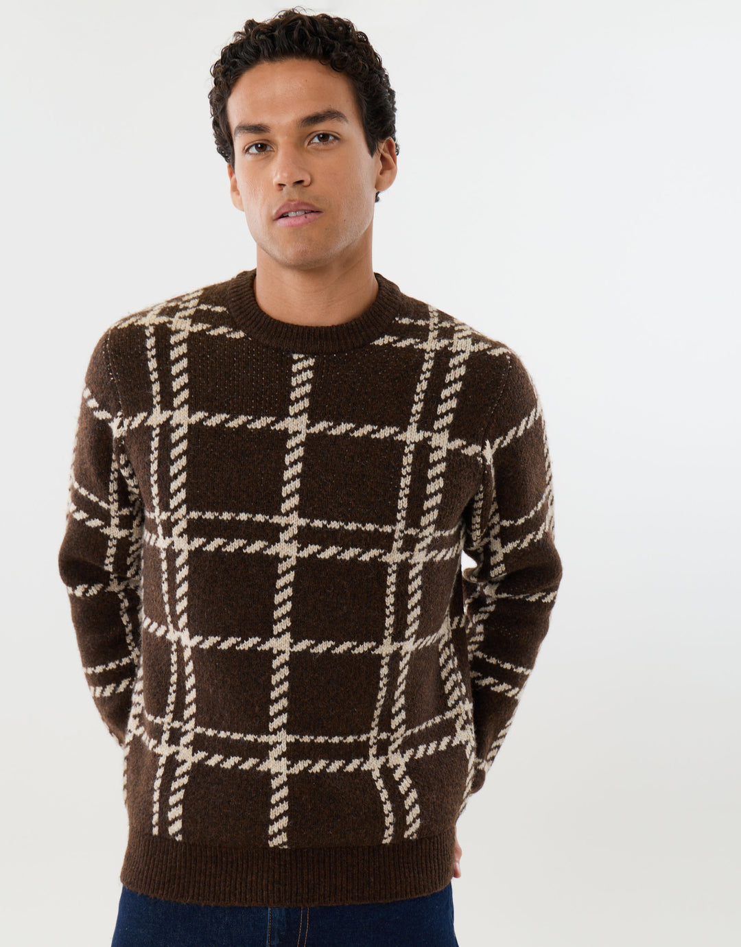 Knitted Crew Neck Jumper in Chocolate Brown Check