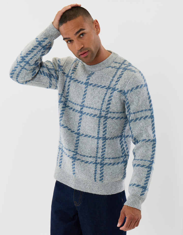 Knitted Crew Neck Jumper in Grey Marl Check