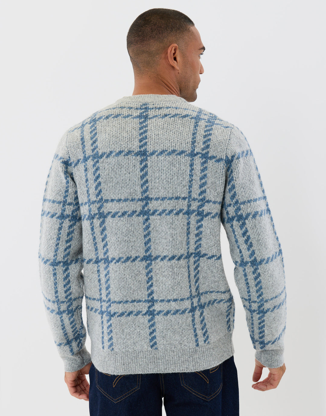 Knitted Crew Neck Jumper in Grey Marl Check