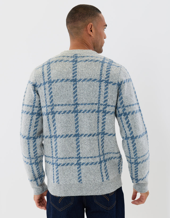 Knitted Crew Neck Jumper in Grey Marl Check
