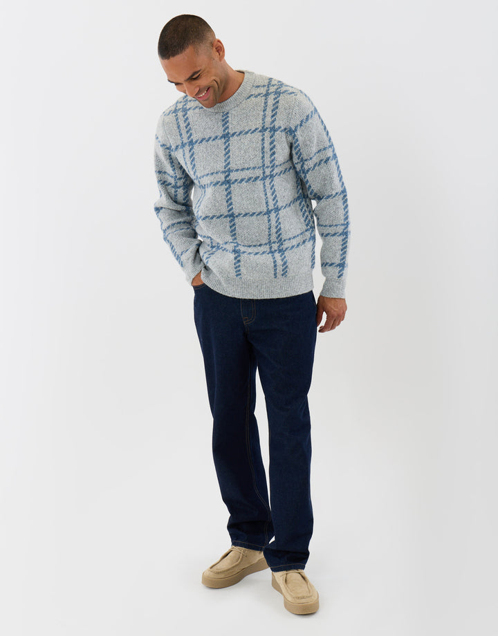 Knitted Crew Neck Jumper in Grey Marl Check