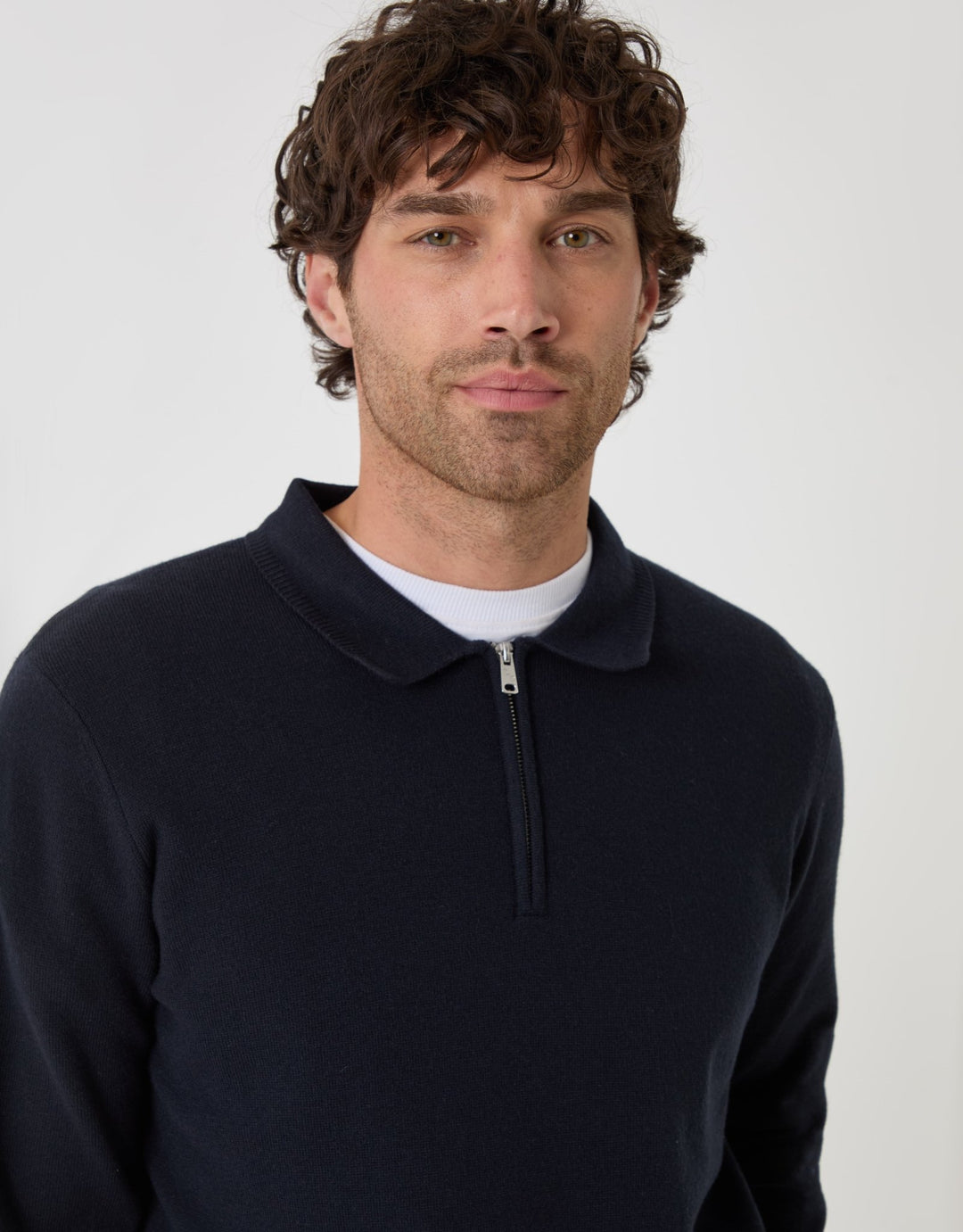 Threadbare Boxy Fit Quarter Zip Polo Sweatshirt in Navy - close up