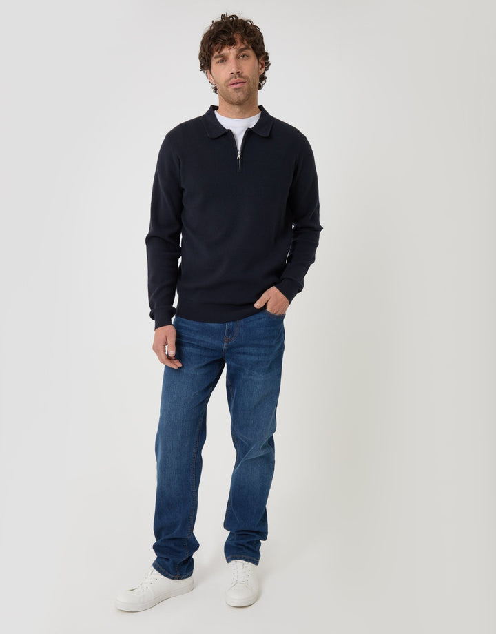 Threadbare Boxy Fit Quarter Zip Polo Sweatshirt in Navy - full body