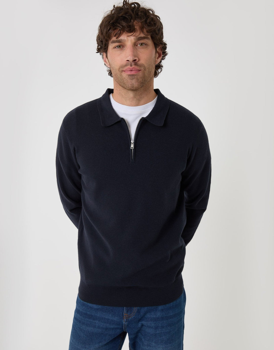 Threadbare Boxy Fit Quarter Zip Polo Sweatshirt in Navy - front view