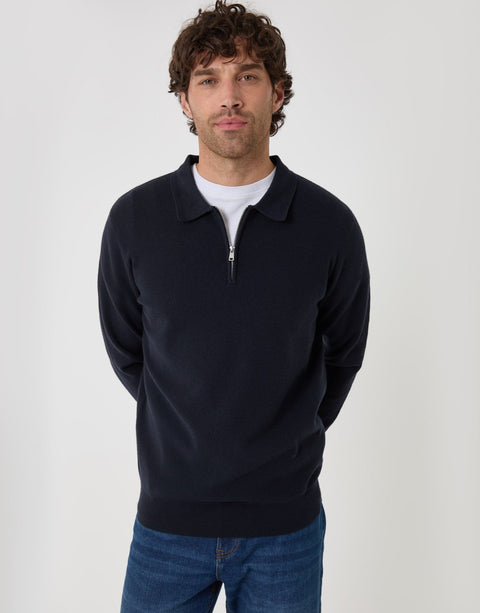 Threadbare Boxy Fit Quarter Zip Polo Sweatshirt in Navy - front view