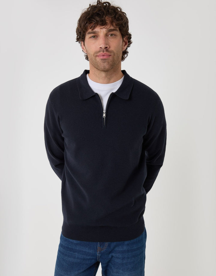 Threadbare Boxy Fit Quarter Zip Polo Sweatshirt in Navy - front view