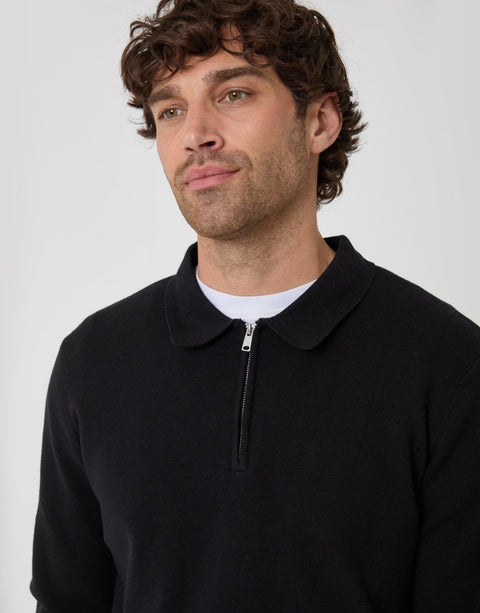 Threadbare Boxy Fit Quarter Zip Polo Sweatshirt in Black - close up