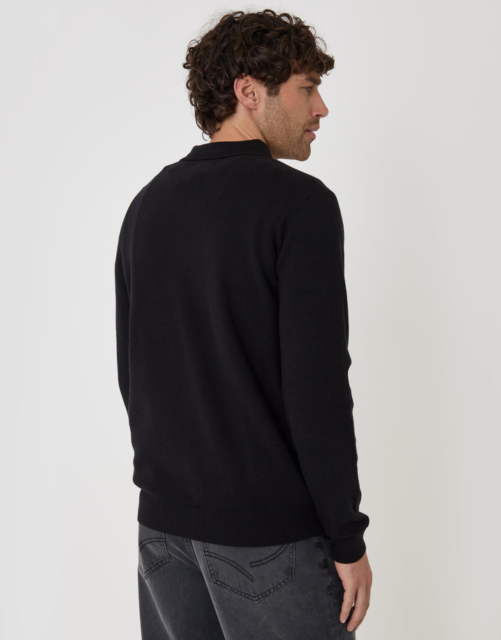 Threadbare Boxy Fit Quarter Zip Polo Sweatshirt in Black - back view