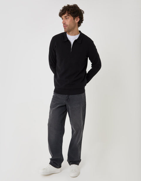Threadbare Boxy Fit Quarter Zip Polo Sweatshirt in Black - full body
