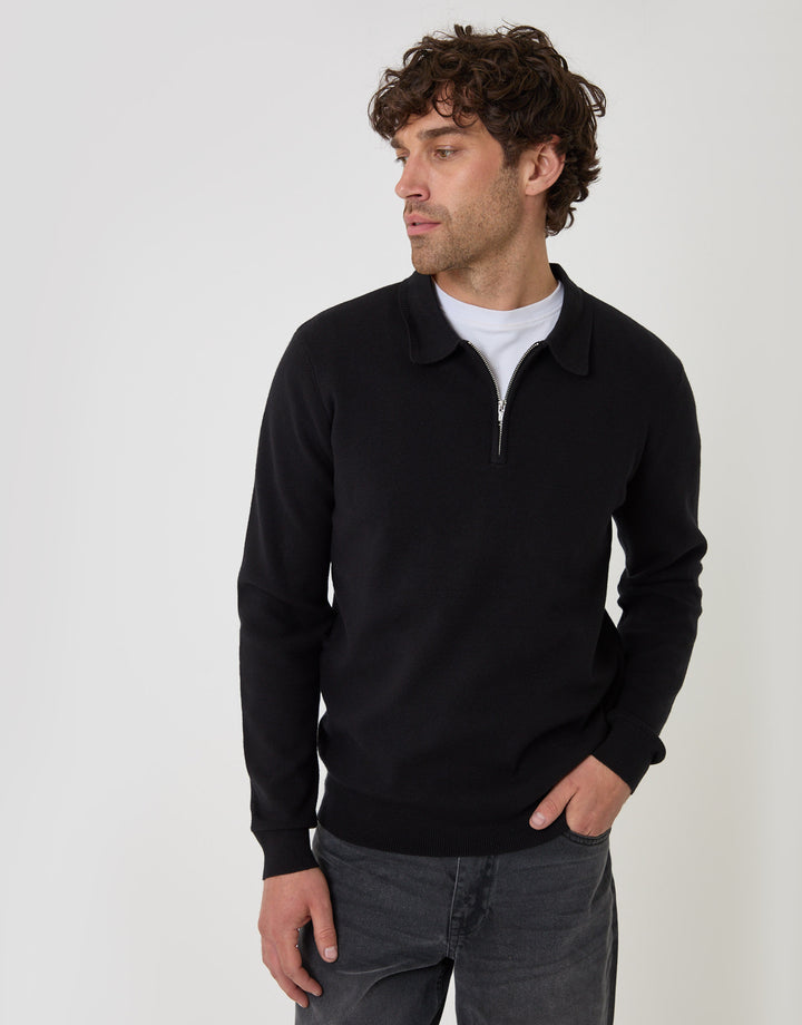 Threadbare Boxy Fit Quarter Zip Polo Sweatshirt in Black - front view