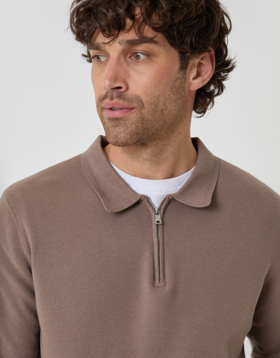 Threadbare Boxy Fit Quarter Zip Polo Sweatshirt in Taupe - close up