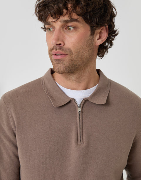 Threadbare Boxy Fit Quarter Zip Polo Sweatshirt in Taupe - close up