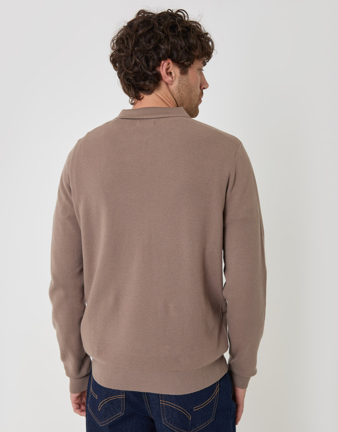 Threadbare Boxy Fit Quarter Zip Polo Sweatshirt in Taupe - back view