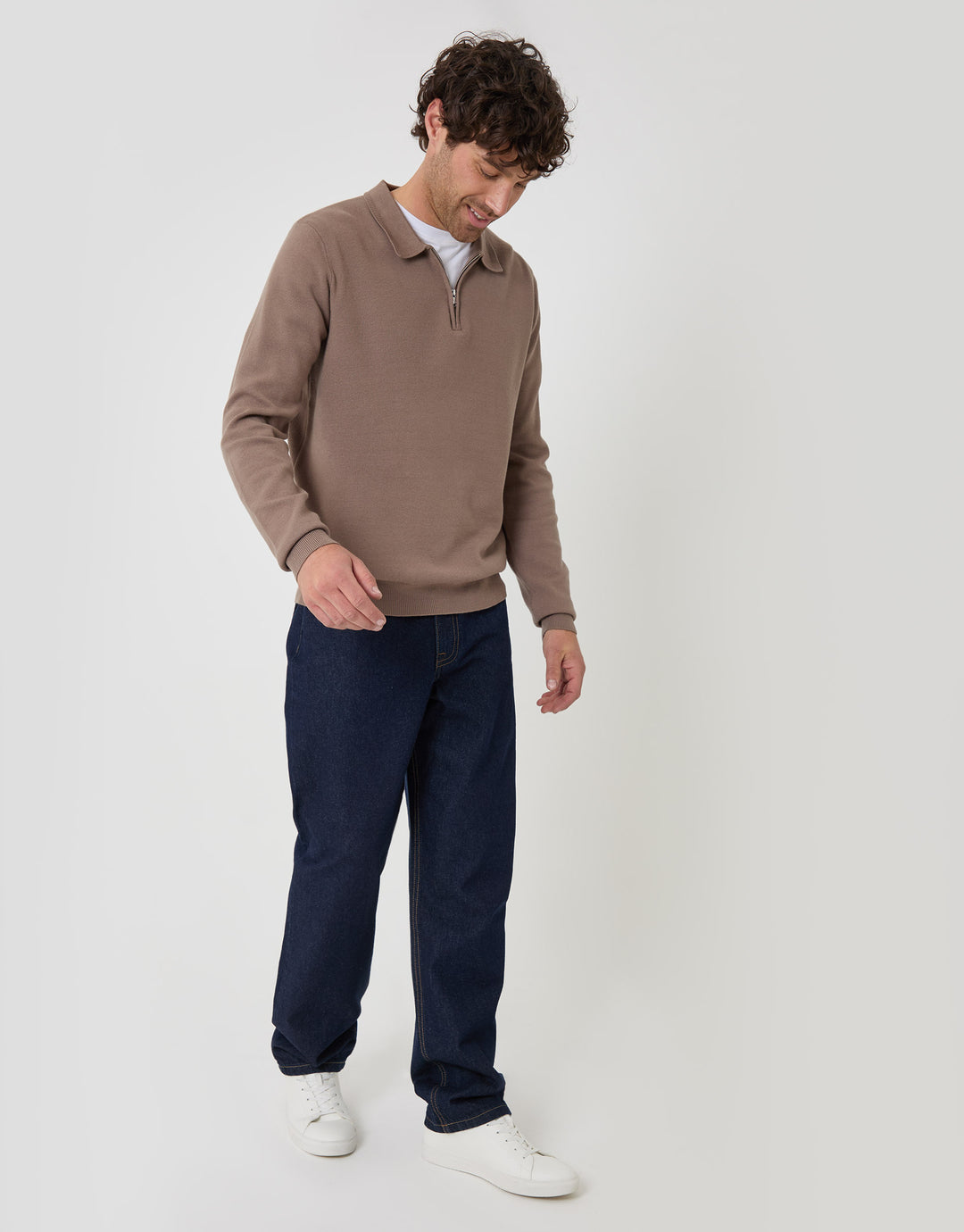 Threadbare Boxy Fit Quarter Zip Polo Sweatshirt in Taupe - full body