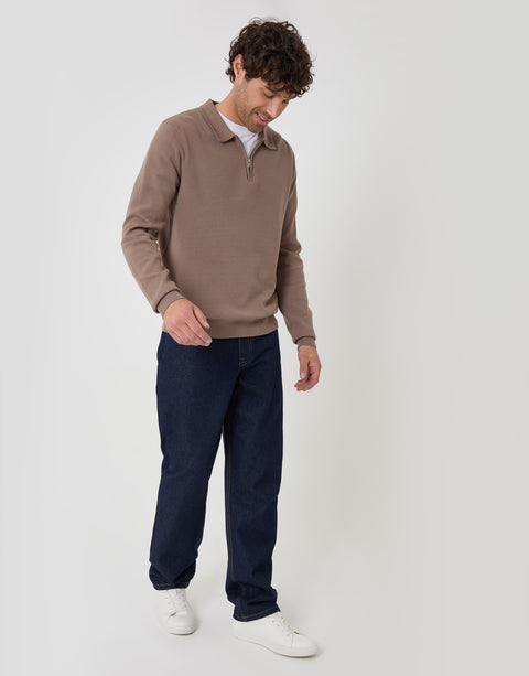 Threadbare Boxy Fit Quarter Zip Polo Sweatshirt in Taupe - full body