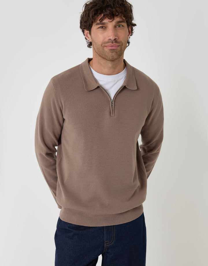 Threadbare Boxy Fit Quarter Zip Polo Sweatshirt in Taupe - front view