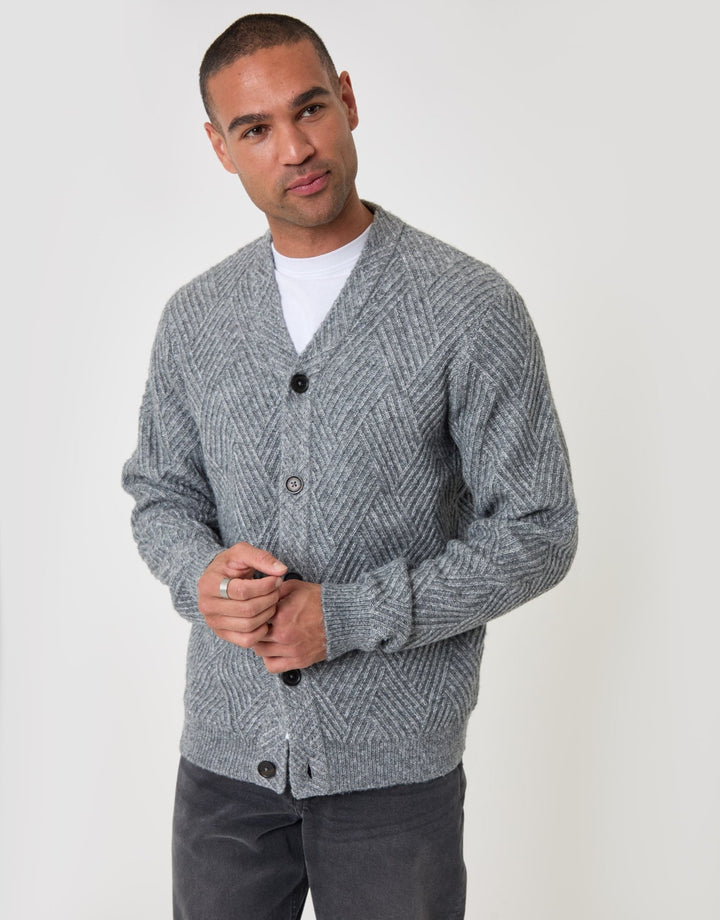 Threadbare Textured Stitch V Neck Cardigan in Grey Marl - front view