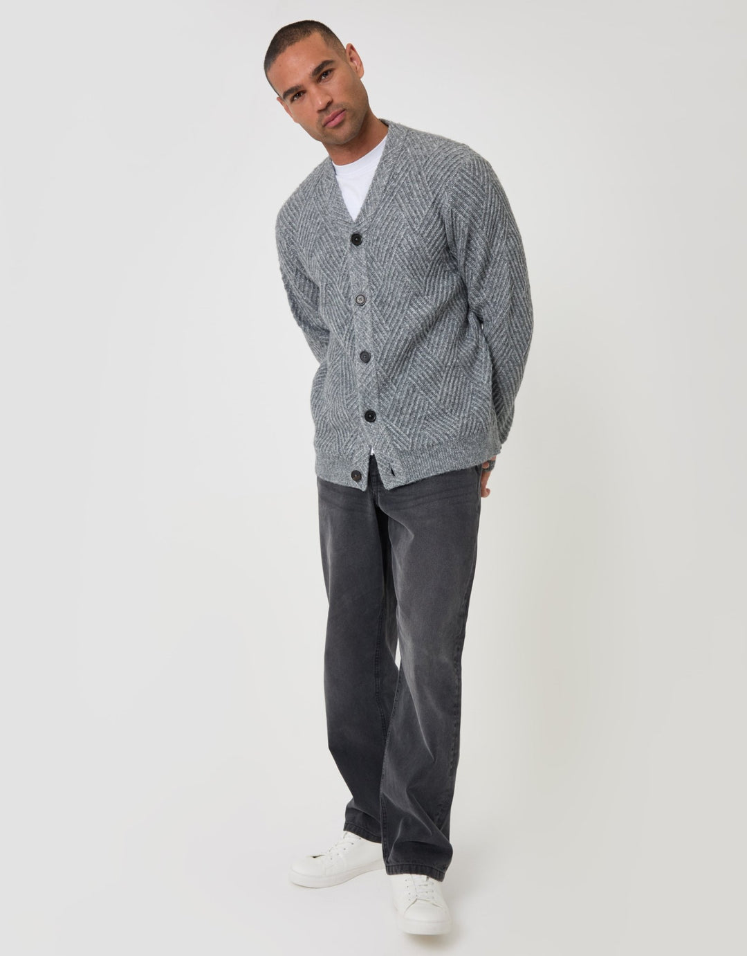 Threadbare Textured Stitch V Neck Cardigan in Grey Marl - full body