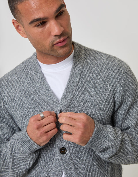 Threadbare Textured Stitch V Neck Cardigan in Grey Marl - close up