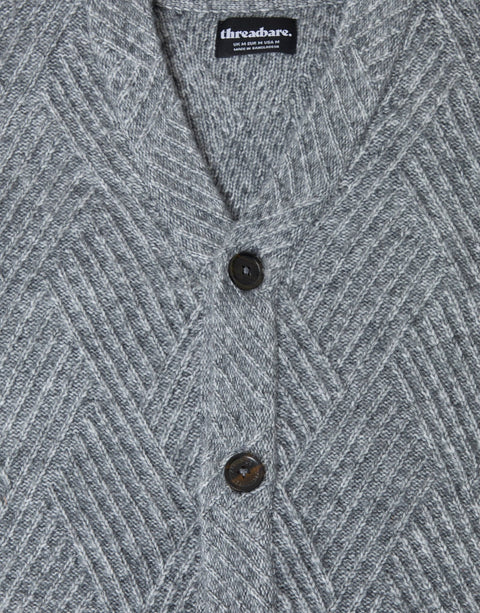 Threadbare Textured Stitch V Neck Cardigan in Grey Marl - detail